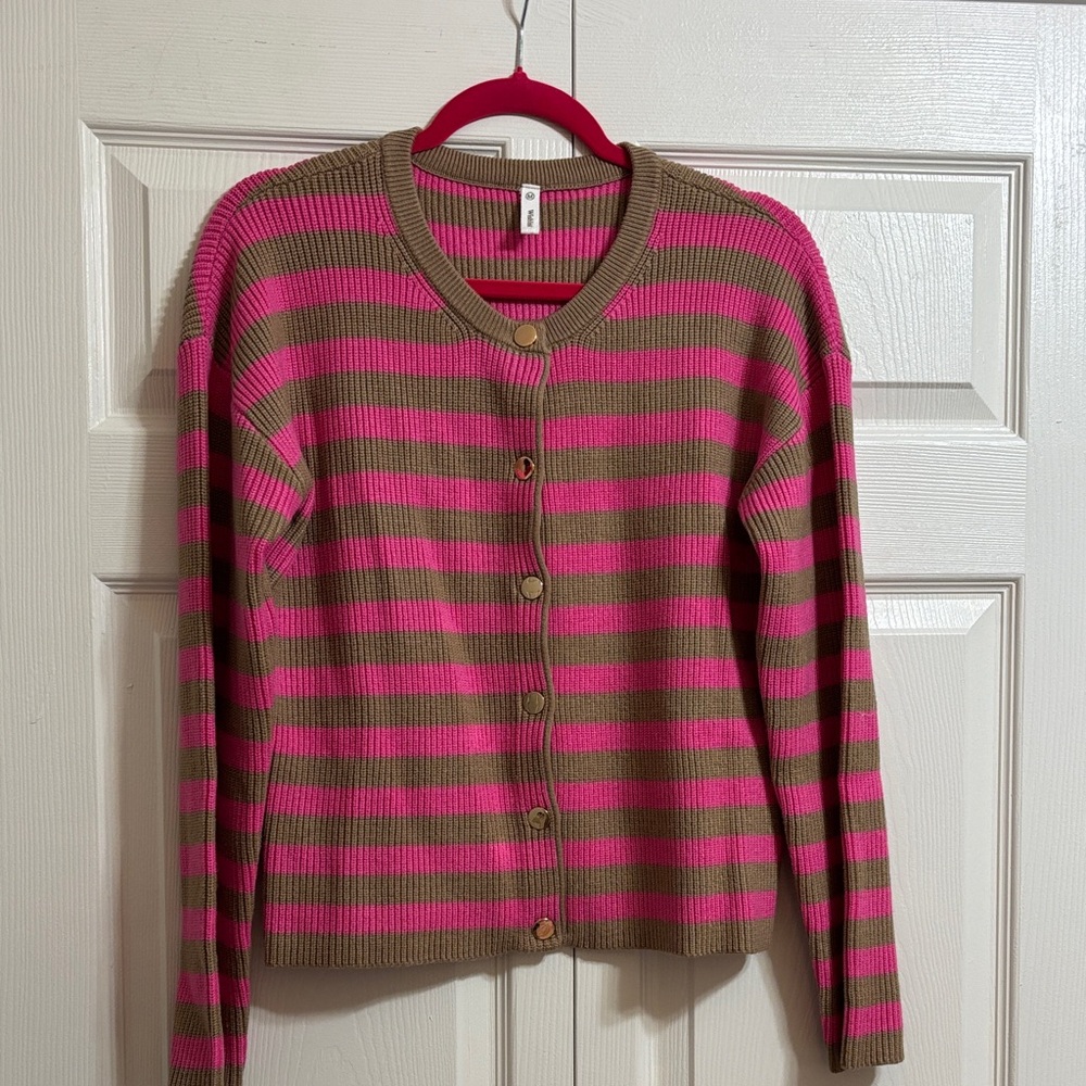NEW Wishlist Vibrant Pink and Tan Striped Cardigan with Gold Snaps